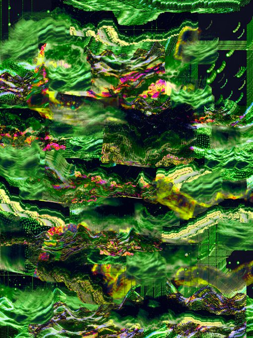 An abstract digital glitch art piece with vibrant green, yellow, and pink distortions creating a wave-like, corrupted visual effect.
