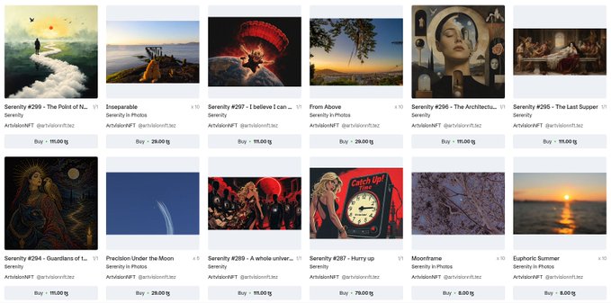 A screenshot of an NFT marketplace on ArtValveNFT gallery showing a grid of digital artworks, each with prices in ETH and USD including titles like 'Serenity #259 - The Point of N...', 'Inseparable,' 'Serenity #297 - I believe I ca...,' 'From Above,' 'Serenity #256 - The Architectu...,' 'Serenity #205 - The Last Supper,' 'Serenity #254 - Guardians of f...,' 'Precision Under the Moon,' 'Hurry up,' 'Moonframe,' and 'Euphoric Summer.'