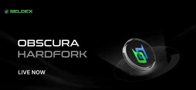 A promotional graphic with a black background featuring the 'BELDEX' logo, text reading 'OBSCURA HARDFORK LIVE NOW', and a stylized green and blue 'b' coin on the right.