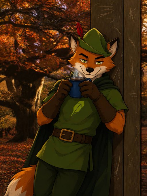An anthropomorphic fox dressed as Robin Hood with a green hat, tunic, cape, and belt holds a steaming blue mug while leaning against a wooden post in an autumn forest.