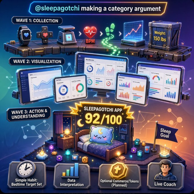 A promotional graphic titled '@sleepagotchi making a category argument' displays three waves—Collection, Visualization, and Action & Understanding—with a Sleepagotchi App score of 92/100.