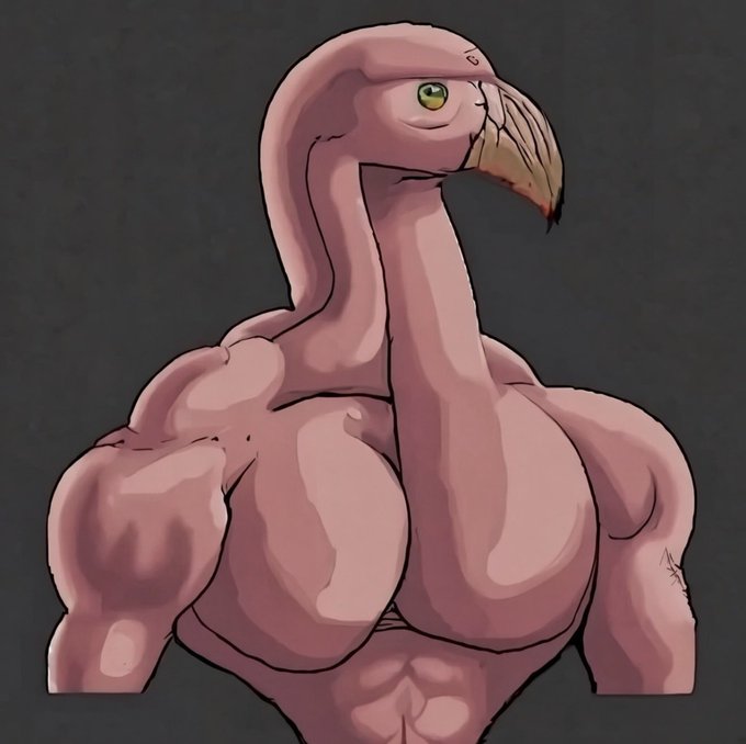 A muscular pink anthropomorphic flamingo with a goose-like beak stares sideways with a skeptical expression against a gray background. The image humorously contrasts with the post's request to burn earned fees, with the flamingo's judgmental gaze playfully reflecting doubt about sending crypto earnings to a burn address.