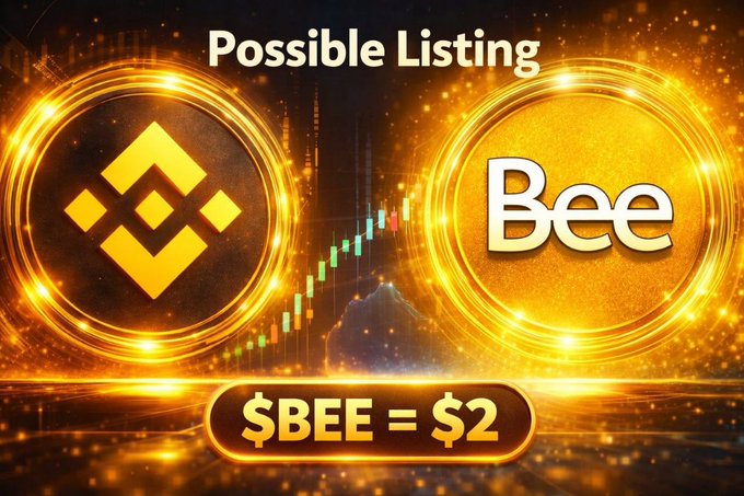 The image is a promotional graphic announcing a "Possible Listing" for the cryptocurrency $BEE on Binance, featuring the Binance logo on the left and the "Bee" logo on the right, with a hopeful price prediction of "$BEE = $2" displayed prominently at the bottom, directly reflecting the poster's request for the BEEnetwork team to reward their community's years of hard work with a favorable listing price on Binance.