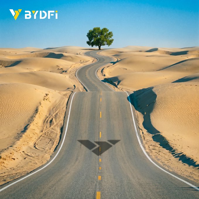 A long, winding desert road stretches toward a lone tree on the horizon, symbolizing a clear journey forward amid vast uncertainty. The "BYDFi" logo appears in the top-left corner, reinforcing the message of staying the course and "keep BUIDLing."