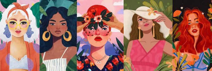 Illustration of five women with distinct hairstyles and outfits, including one with a flower crown and another with a hat.