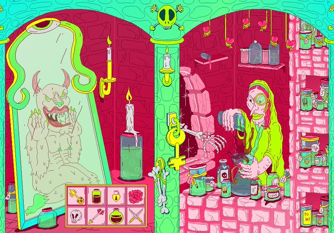A vibrant pink and green digital illustration shows a wizard-like character in a potions room with a demon visible in a mirror and various items in an inventory bar at the bottom.