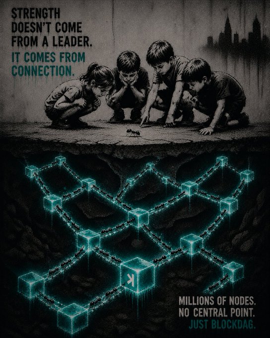 The image features a poster or drawing of four children playing together, surrounded by blue cubes that are connected to each other. Below this scene, there's text that reads "strength doesn't come from a leader. It comes from connection." The poster also includes a hashtag #Kaspa and the phrase "Just Blocktag".