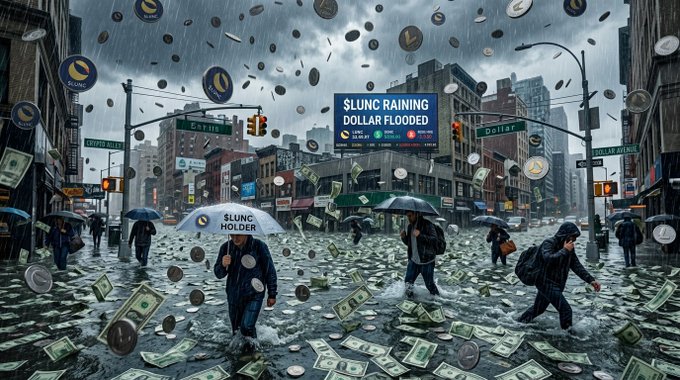 An AI-generated artistic scene depicting people with umbrellas walking through a flooded city street with dollar bills and coins raining from the sky, featuring signs reading '$LUNC RAINING DOLLAR FLOODED' and '$LUNC HOLDER'.