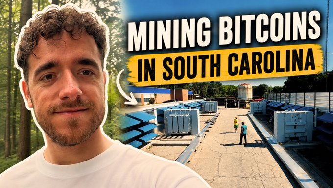 A YouTube thumbnail showing a man in a white shirt next to text reading 'MINING BITCOINS IN SOUTH CAROLINA', with background footage of an industrial Bitcoin mining facility.