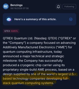 The focus of the image is an open tab on a cell phone screen displaying some text, which reads "Here's a summary of this article." The main point from the text seems to be that QTEX Quantum Ltd., a company based in the United States, has developed a new technology for producing advanced computing systems. This development may lead to major changes in the field of computer hardware, as it is suggested by the phrase "based on one of the world's largest U.S. - technology companies developing full-stack quantum computing systems." The image and text focus on the importance of this news.