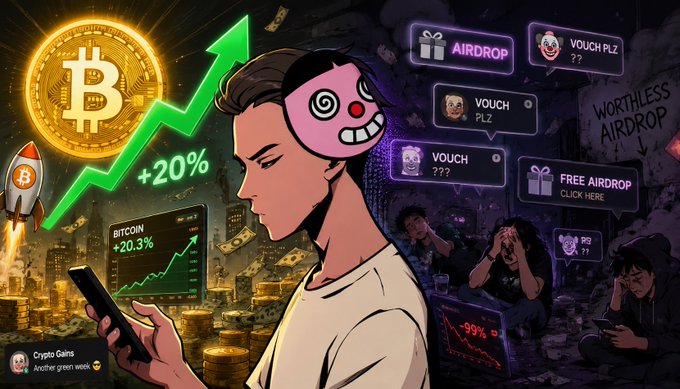 A cartoon-style illustration contrasting a person seeing rising Bitcoin (+20.3%) with others falling for worthless airdrops and crypto scams, with text including 'Crypto Gains: Another green week.'