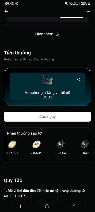 Screenshot of a Vietnamese mobile app showing a rewards section with a 'Voucher gia tăng vị thế 60 USDT' and upcoming prizes like '0.1 xAUT', '3 rSKHY', '1 rSPCX', and '1 rMU'.