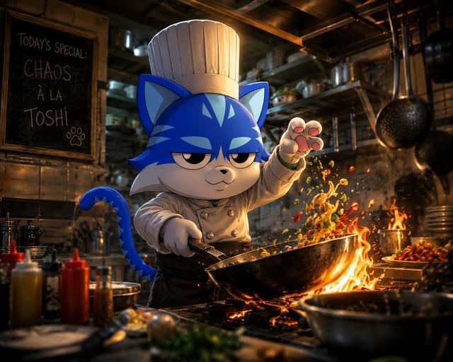 An illustration of a blue cat character wearing a chef's hat cooking with flames in a wok, with a chalkboard reading 'TODAY'S SPECIAL: CHAOS À LA TOSHI'.