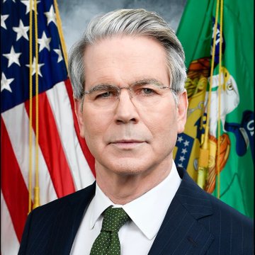 A formal portrait shows a man in a dark suit and green patterned tie standing before an American flag and what appears to be a Treasury Department flag. The image accompanies the post, which attributes statements about the CLARITY Act to "Scott Bessent" in relation to the Senate's decision on digital finance legislation.