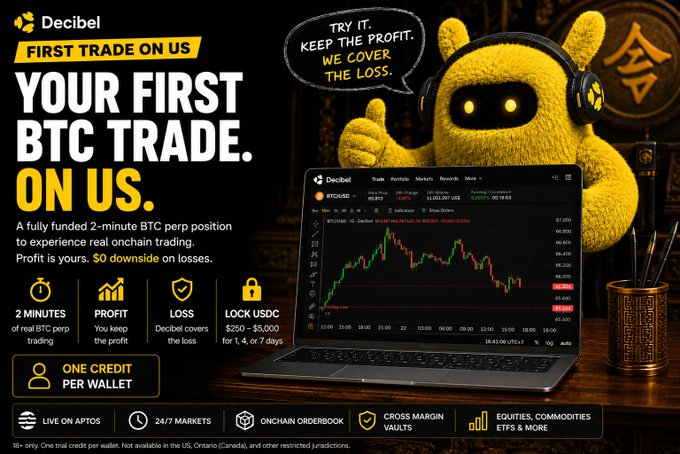 Decibel promotional advertisement offering 'FIRST TRADE ON US' for a 2-minute BTC perp position with profit kept and $0 downside, featuring a yellow mascot and a laptop displaying BTCUSD trading charts.
