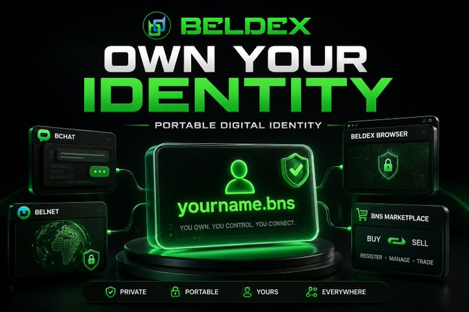 A digital advertisement promotes Beldex's "Portable Digital Identity" with the tagline "OWN YOUR IDENTITY," showcasing a central green interface displaying "yourname.bns" surrounded by interconnected feature panels for BChat, Beldex Browser, BelNet, and BNS Marketplace, emphasizing user-owned identities via blockchain naming services.

The image directly visualizes the post's theme by illustrating how Beldex's BNS (Beldex Name Service) enables users to "OWN YOUR IDENTITY"—highlighting that usernames like "yourname.bns" are portable and user-controlled rather than dependent on a single platform, mirroring the concern raised about traditional usernames being tied to and vulnerable to changes by the platforms hosting them.