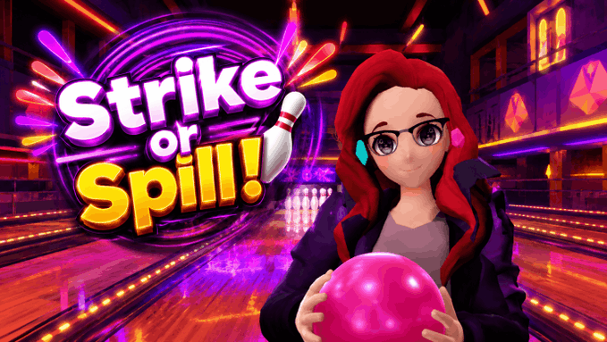 The image features a woman with red hair holding a pink bowling ball, standing next to a bowling alley. The background of the image shows a bowling alley filled with pins, suggesting that she might be participating in a bowling game or event. The caption for the image reads "Bowling in decentland today and somehow I'm planning to turn it into a game show. Miss twice and suddenly everyone has opinions about pineapple on pizza. It'S called Strike or Spill".
