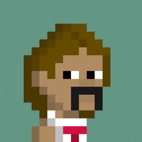 A pixel art character with brown hair, beard, and a white shirt with a red tie, resembling a Minecraft-style avatar against a teal background.