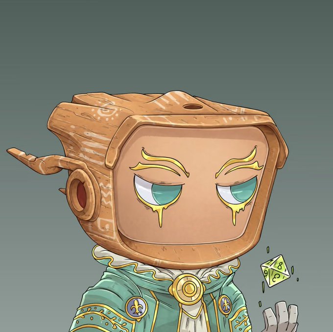 A cartoon-style NFT character with a vintage TV head, ornate teal coat, and drooping teal eyes holds up a "D8" die, matching the post's appreciation for the aesthetically striking Blokyz collection.