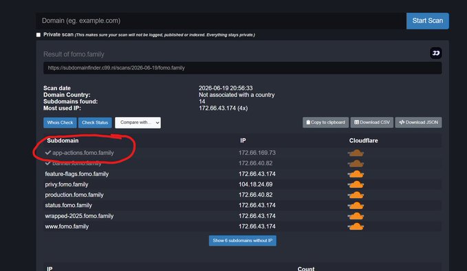 A screenshot of a subdomain enumeration tool showing scan results for 'fomo.family', with 'app-actions.fomo.family' circled in red.