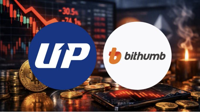 The logos of South Korean cryptocurrency exchanges Upbit and Bithumb are displayed against a backdrop of red bearish candlestick charts and gold coins, visually reinforcing the post's depiction of the steep downturn in Korean crypto trading volumes—with daily exchange volume collapsing from $2.8B to $305M and both platforms reporting roughly 49% revenue declines in the first half of the year.