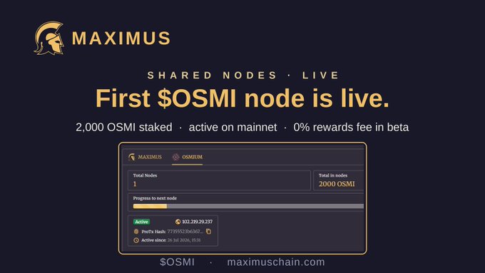 A promotional graphic for 'MAXIMUS' chain announcing 'SHARED NODES · LIVE' with the 'First $OSMI node is live,' showing 2,000 OSMI staked and a 'Progress to next node' bar.