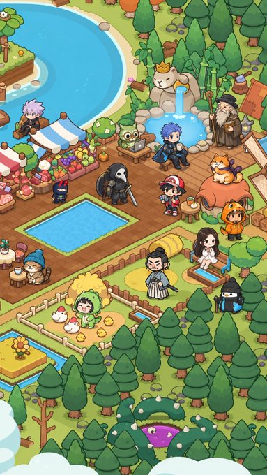 A colorful pixel-art illustration of a fantasy village scene featuring various characters including a wizard, warriors, and cute creatures around a hot spring and wooden walkways.