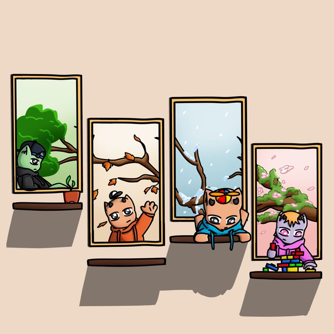 An illustration showing four framed pictures on a wall, each containing a chibi-style monkey character depicting different seasons with trees, snow, and cherry blossoms.