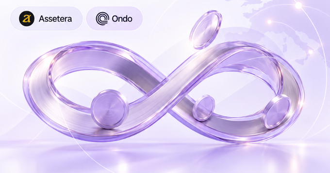 Promotional graphic featuring a purple infinity symbol made of coins with logos for "Assetera" and "Ondo" in the top left corner.