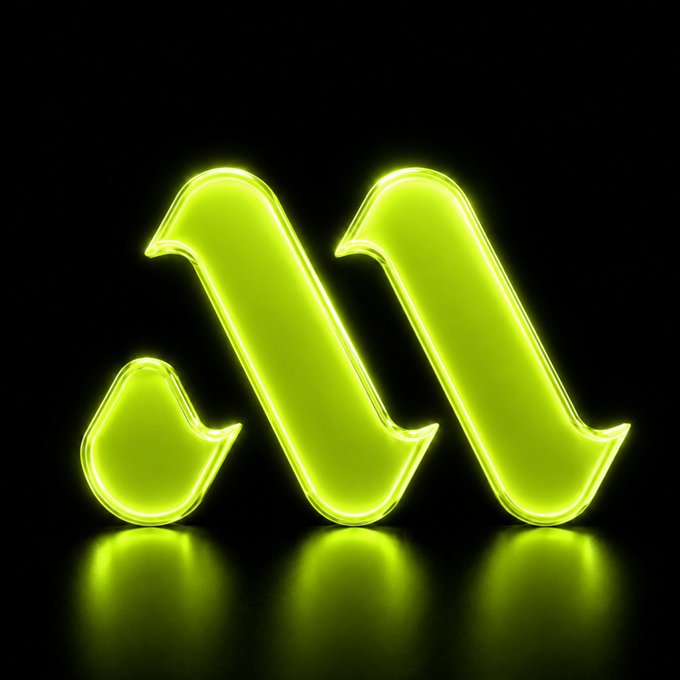 A glowing neon-green logo featuring a stylized 'M' formed by arrows is displayed against a black background with a reflective surface.