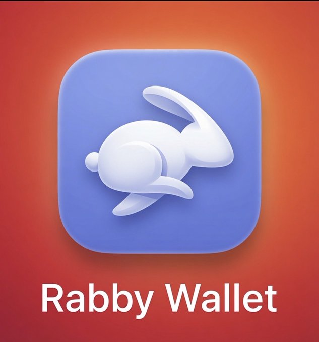 A promotional image showing the Rabby Wallet app icon—a stylized white rabbit on a purple/blue rounded square background—with the text "Rabby Wallet" displayed below on a red gradient background. The image directly ties to the post's praise of Rabby Wallet, highlighting the app that made adding liquidity to the $BOMI LP and burning LP tokens a seamless experience.
