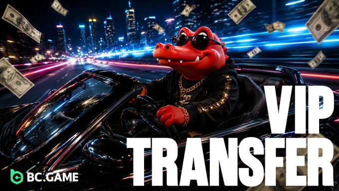 A BC.GAME advertisement featuring a red alligator wearing sunglasses and a leather jacket driving a convertible with money flying, captioned "VIP TRANSFER".