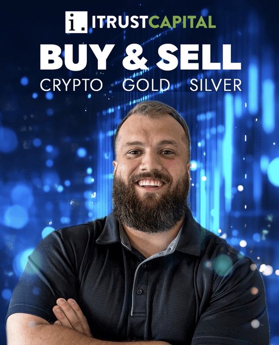 A bearded man smiles confidently against a blue digital backdrop promoting iTrustCapital's "Buy & Sell Crypto, Gold, Silver" services, aligning with the post's recommendation to use the platform as a secure alternative to cold storage.