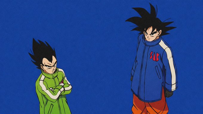 Two anime characters, Vegeta in a green tracksuit and Goku in a blue and orange tracksuit, stand against a solid blue background.