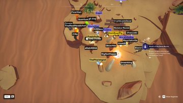 A screenshot from a video game shows an in-game map interface with various player or location markers, including 'Sheriffs of Fury', 'CrystalManiac', and a quest prompt to 'Bold of You Bone'.