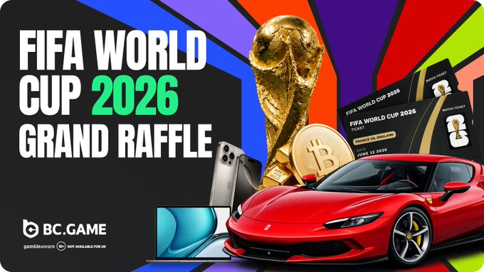 The image features a red sports car, a golden trophy, and various other items related to the FIFA World Cup Grand Raffle. The text on the image reads "FIFA WORLD CUP 2026 GRAND RAFTE" and "BACGAME".