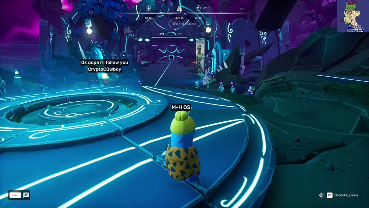 The image shows a character wearing a yellow shirt, standing inside an area with blue neon lights. The character appears to be looking at something off-screen or engaged in a conversation with someone else who is not visible in the frame. There are also several other characters and objects present in the scene, including a temple and a mountain.