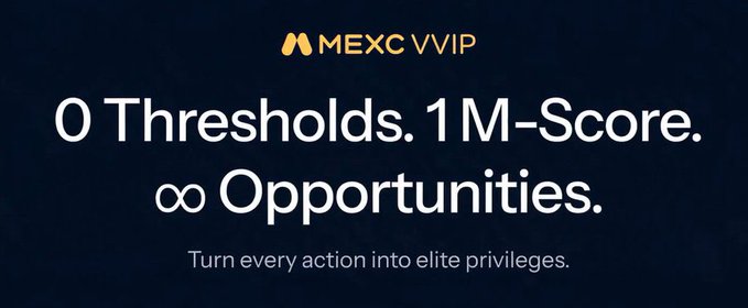 A promotional banner with a dark blue background displaying the MEXC VVIP logo and the text '0 Thresholds. 1M-Score. ∞ Opportunities. Turn every action into elite privileges.'