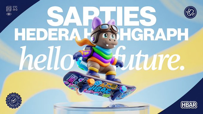 A vibrant 3D-rendered cartoon character wearing goggles, a rainbow scarf, and a skateboard with "HBAR" and other stickers is featured prominently against a blue and yellow background with the text "SARTIES HEDERA HASHGRAPH hello future." and the "HBAR" ticker visible. The image showcases a charming NFT collectible from the Sarties collection on the Hedera Hashgraph network, with the "hello future." slogan and playful design aligning with the post's call for collectors to share their favorite Sarties.