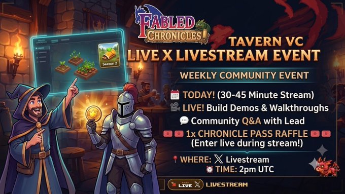 Promotional graphic for a 'Fabled Chronicles' Tavern VC Live X Livestream Event, featuring a wizard and knight, scheduled at 2pm UTC with details about a Chronicle Pass raffle and community Q&A.
