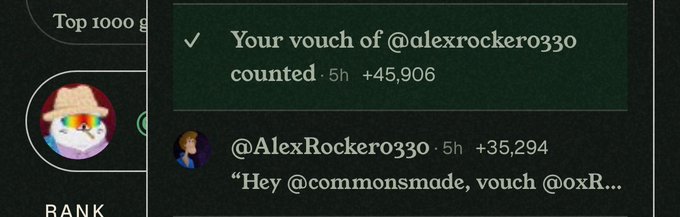 A dark-themed social media or app interface displays a notification reading 'Your vouch of @alexrockero330 counted' with a '+45,906' counter, alongside an interaction with '@AlexRockero330' and a partial character profile labeled 'RANK'.