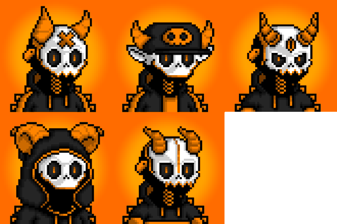Five pixel-art variations of a horned skeleton character wearing dark clothing against an orange background, including designs with cat-like ears, hats, and hoods.