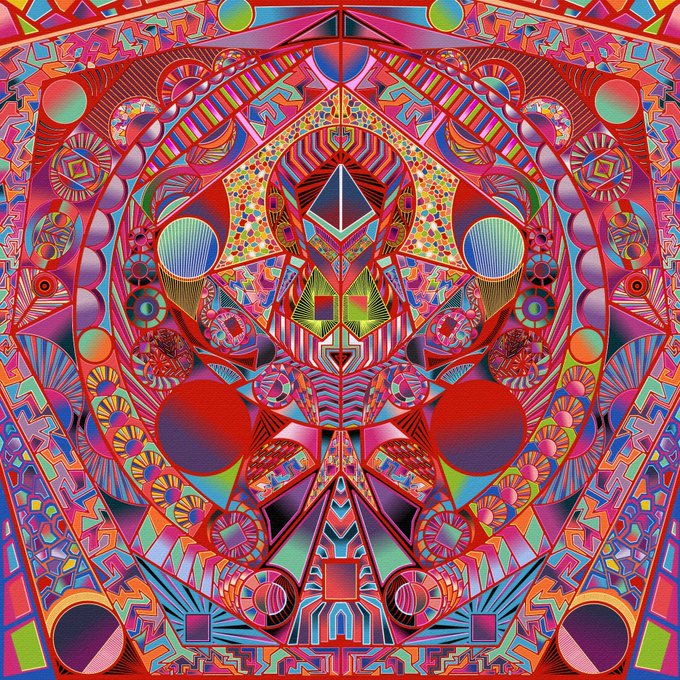 A vibrant, symmetrical psychedelic digital artwork featuring complex geometric patterns, circles, and triangular shapes in bright reds, pinks, greens, and blues.