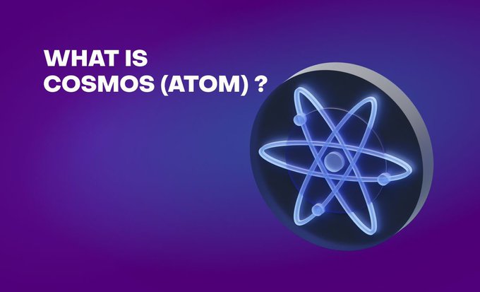 A graphic with a purple gradient background featuring a glowing atom symbol and the text "WHAT IS COSMOS (ATOM)?".