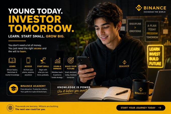 A young man in a Binance hoodie smiles at his phone beside motivational signage reading "Discipline > Emotions," "A Plan Today > Freedom Tomorrow," and "Learn, Invest, Build Future," promoting Binance Academy and the message that today's youth don't need much money—just access and the will to learn about Bitcoin, blockchain, and markets from anywhere.