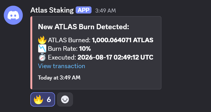 A Discord notification from Atlas Staking app showing 'New ATLAS Burn Detected' with 1,000.064071 ATLAS burned at a 10% burn rate.