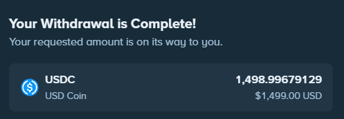 The image shows a withdrawal confirmation displaying "Your Withdrawal is Complete!" for USDC (USD Coin), with 1,498.99679129 tokens valued at $1,499.00 USD. This aligns perfectly with the post celebrating a winning run on AI blackjack and cashing out $1,500.
