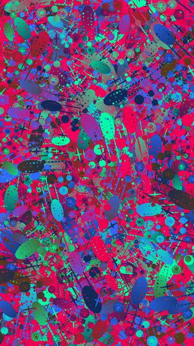 An abstract, colorful pattern with splatters, dots, and digital-looking shapes in vibrant shades of pink, blue, green, and purple.