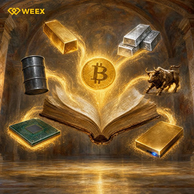 A mystical open book radiates golden light, surrounded by floating symbols of global markets—a Bitcoin coin, gold and silver bars, an oil barrel, a bull statue, a microchip, and a gold digital device—encapsulating the platform's "Trading Everything" philosophy across commodities, crypto, tech, and financial assets. The "WEEX" logo appears in the top-left corner.