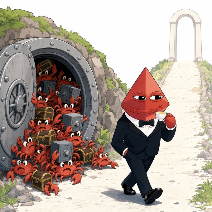 A cartoon illustration shows an anthropomorphic red Ethereum (ETH) diamond logo wearing a tuxedo and drinking from a teacup, walking past a vault overflowing with crabs and treasure chests.